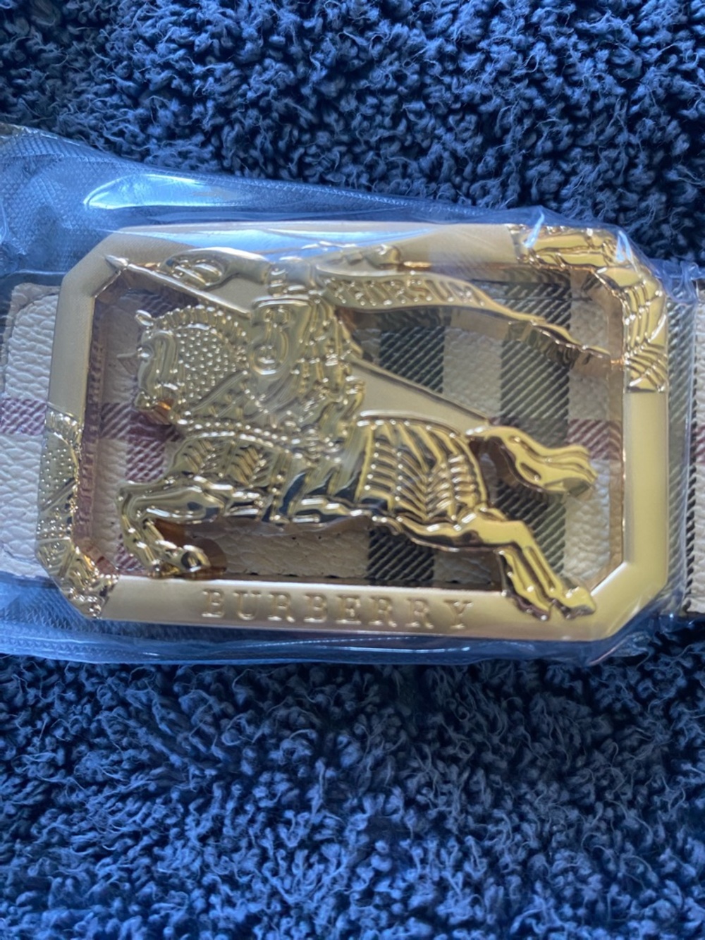 Burberry Belt with Rectangular Gold Buckle. Reversible Black and Classic Print.